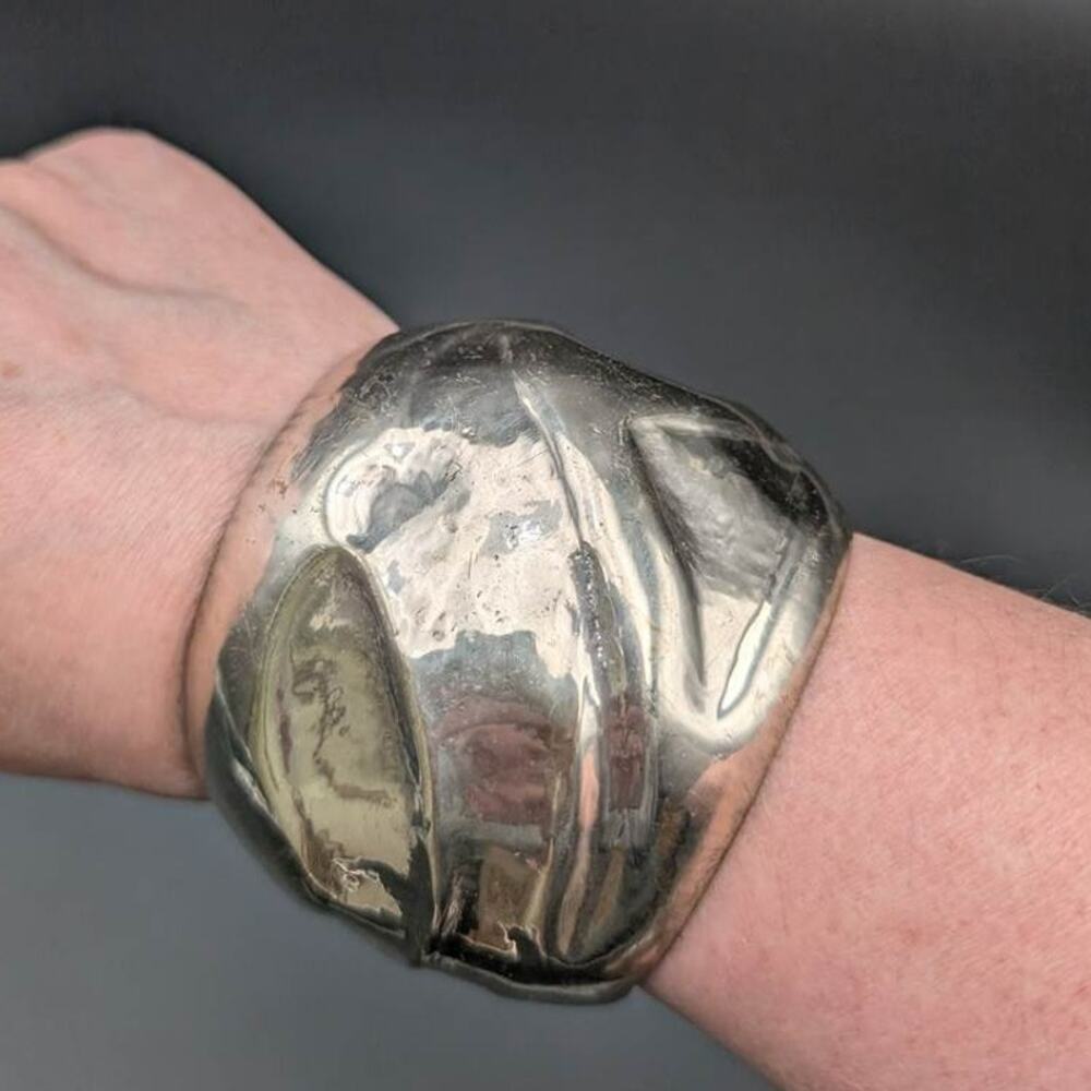 Metal Bracelet Silver Tone Hand-formed Cuff Polished Abstract Made in India Boho